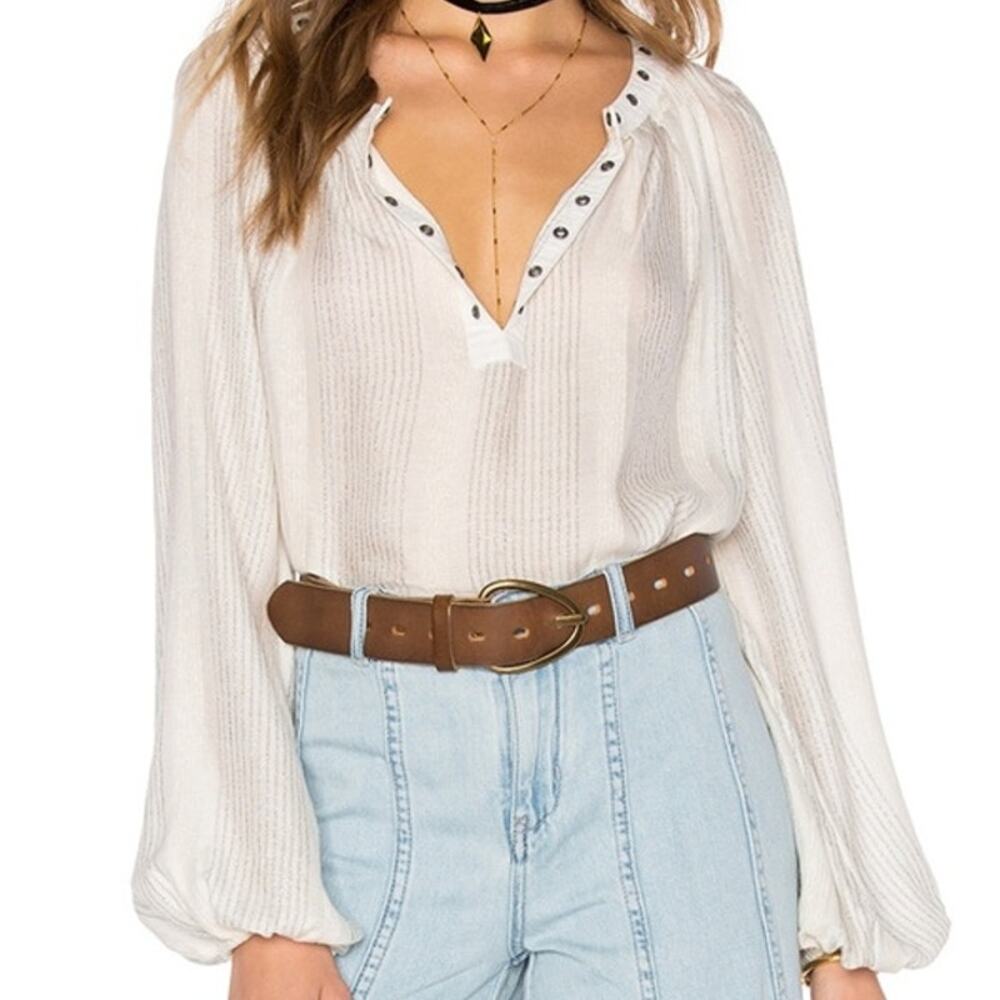 Free People Against All Odds Poet Top Womens Small Ivory Combo Flowy Boho Blouse